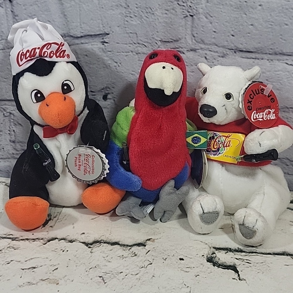 Vintage 90s Coca Cola Coke Advertising Beanbag Plush Lot Of 3 W/Bottles And Tags
